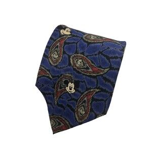 Vintage Disney Mickey Mouse Tie Paisley Blue‎ Red Silk Made in USA  57" X 3.75"